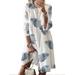 Plus Size Womens Bohemia Cotton Linen Tunic Dress 3/4 Sleeve Vintage Swing Dress Casual Loose Floral Printed T-shirt Dresses Ladies O-neck Midi Dress