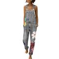 Women's Casual Denim Jumpsuits Floral Overall Jeans Silm Pants Trousers