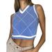 Eyicmarn Women Sleeveless Plaid Geometric Sweaters Vest Knitted Tanks Tops Autumn Winter Outerwear Blue