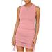 New Women's Sleeveless Bodycon Ruched Short Dress Side Drawstring Solid Color Crewneck Casual Summer Tank Shirt Mini Dresses