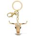 Aqua79 Longhorn Skull Keychain - Gold 3D Sparkling Charm Rhinestones Fashionable Stylish Metal Alloy Durable Key Ring Bling Crystal Jewelry Accessory With Clasp For Keychain, Purse, Backpack, Handbag