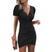 Sexy Dance Women Casual Crew Neck Short Sleeve Ruched Stretchy Bodycon T Shirt Short Mini Dress