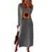 Sexy Dance Women Autumn Boho Casual Dress Holiday Sunflower Print Swing Dress Ladies Casual Loose Side Slit Dress Cocktail Party Long Sleeve Maxi Dress Oversize