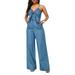 Women V Neck Jumpsuits Outfits Sleeveless Crop Tops Tied Waist Wide Leg Pants Denim Rompers