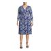 ANNE KLEIN Womens Navy Patterned Long Sleeve V Neck Below The Knee Fit + Flare Dress Size 2X