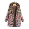 Women Winter Coat Floral Printed Hooded with Pockets Warm Fleece Button Coat Long Sleeve Jacket