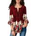 Women's Paisley Printed Button Top Long Sleeve V Neck Pleated Casual Flare Tunic Loose Blouse Shirt Ladies Floral Printed Tunic Top Long Sleeve Buttons Pleated Front Blouse Shirt