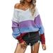 LilyLLL Womens Loose V Neck Long Sleeve Color Block Knit Pullover Sweater