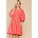 3/4 Sleeve Pocket Ruffle Pintuck Swing Dress