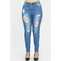 Plus size denim jeans in a whiskered vintage wash with a high waist line and distressed on both legs