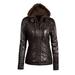 Women's Faux Leather Hooded Jacket Zippered Hoodie Short Slim Motorcycle Jacket Coat