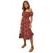 Bohemian Floral Print Cold Shoulder Dress for Women Fashion Casual Ruffle Mid Dress Vocation Beach Party Dresses