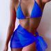 Women Fluorescence Solid Color 3Pcs Bikini Set, Split Style Halter Bra with Thong Briefs and Tulle Beach Scarf for Vacation