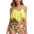 Women High Waisted Bikini Ruffle Swimsuit Flounce Pom Pom Trim Two Piece Bathing Suit Yellow&flamingo (M