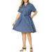 Agnes Orinda Women's Plus Size Wrap Belted Turndown Collar Chambray Dress