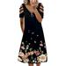 Womens Casual Short Sleeve Zip V-neck Dress Casual Tie Dye Floral Cold Shoulder Hollow Out Midi Dresses