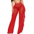 Womens Beachwear Mesh Sheer Wide Leg Pants Ladies Bikini Cover Up Flared Trousers Ruffle Pants