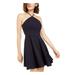 SEQUIN HEARTS Womens Navy Sequined Sleeveless Halter Short Fit + Flare Party Dress Size 0