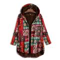 Jocestyle Ethnic Printed Women Hooded Coat Rustic Long Sleeve Fleece Jacket (Red 4XL)