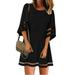 Womens 3/4 Bell Sleeve Crewneck Mesh Panel Flare Dress Casual Loose Chiffon Swing Dress Summer Holiday Loose Tunics Tops