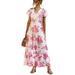 Sexy Dance Casual Women V-Neck Swing Dress Elastic Waist Summer Beach Holiday Waistband Short Sleeve Sundress Pink XXL(US 14-16)