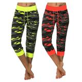 (2 Packs) Juniors' Plus Size Camo Sports Yoga Crop Jeggings High Waist Tummy Control Oversized Camouflage Pants