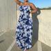 Women Summer Off Shoulder Tie Print Ruched Sleeveless Maxi Dress