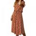 Womens Casual Wrap Midi Dress Short Sleeves Floral Boho Leopard Polka Dot Flower Beach Party Maxi Dress