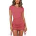 Women's Round Neck Ribbed Short Sleeve Drawstring Bodycon Dress