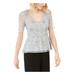 ADRIANNA PAPELL Womens Gray Embellished Beaded Floral Short Sleeve V Neck Evening Top Size 16