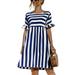 UKAP Women Summer Beach Loose Tunic Dress Striped Printed Flowy Dressed Flare Sleeve Pockets Sundress Navy Blue XL=US 14