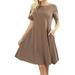 Womens Round Neck Short Sleeve Stretch Cotton Side Pocket A-line Fit & Flare Dress