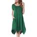 Summer Womenâ€™s T Shirt Dresses Beach Sundress Short Sleeve Pocket Dress Irregular Solid Color U Neck Casual Swing Pleated Dress With Pocket