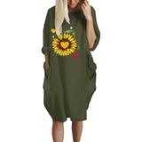 Plus Size Womens Short Sleeve Long Tops Pullover Sunflower Printed Mini Tunic Dress With Pockets