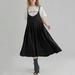 Romacci Women Vintage Loose Cotton Dress Spaghetti Straps High Waist Solid Casual Midi Dress
