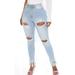 Women Ripped Boyfriend Jeans Cute Distressed Jeans Stretch Skinny Jeans with Hole Ladies High Waist Ripped Pencil Pants Denim Jeans Casual Strech Long Trousers