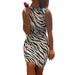 Women Sleeveless Zebra Print Crew Neck Ladies Party Evening Cocktail Mini Bodycon Dress