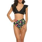 Women Ruffle High Waist Swimsuit Two Pieces Push Up Tropical Print Bikini