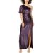 ADRIANNA PAPELL Womens Purple Ruched Slitted Metallic Short Sleeve Asymmetrical Neckline Maxi Evening Dress Size 20