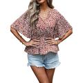 Sexy Dance Women Ruffle Flutter Short Sleeve Shirt Summer Casual V Neck Blouse Tops Beach Boho Daisy Floral Chiffon Tunic T Shirt