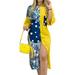 UKAP Plus Size Women Long Sleeve Collar Midi Dress Color Block Patchwork Button Down Split Shirt Dresses Casual Beach Cover Up Summer Dress With Pocket