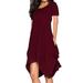 Avamo Summer Short Sleeve Dress for Women Solid Color Irregular Hem Pleated Dress Ladies Beach Party Midi Dress with Pockets Wine Red L(US 10-12)