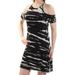 BAR III Womens Black Cold Shoulder Tie Dye Short Sleeve Jewel Neck Above The Knee Shift Dress Size: XL