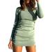 Hirigin Women Solid Dresses Long sleeve Drawstring Bodycon Mini Dress