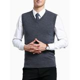 Men's Solid Sweater Vest with Ribbed Edge Relaxed Fit V-Neck Sleeveless Sweater Winter Business Knitwear up to Size 3XL