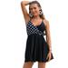 Sexy One Piece Swimdress Swimsuits for Women Girl with Short Skirt Bottom V-Neck