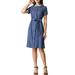 Allegra K Women's Pan Collar Button Down Belted Short Sleeve Denim Shirt Dress