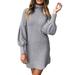 Womens Turtleneck Ribbed Knit Puff Long Sleeve Pullover Sweater Mini Dress