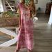 TANGNADE Fashion Women Casual Tie-dye Print V-Neck Short Sleeves Hem Split Long Dress