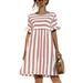 UKAP Women Crew Neck Skate Swing Dress Summer Boho Flare Dresses Short Sleeve Striped Tunic Dress with Pockets Pink S=US 4-6